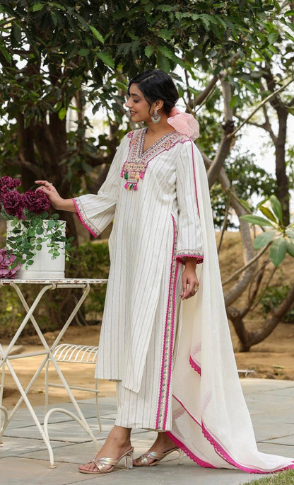 Off White Embroidered Cotton Kurta Pant Set