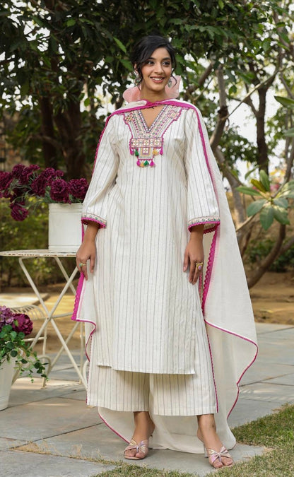 Off White Embroidered Cotton Kurta Pant Set