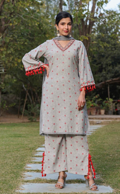 Grey & Red Embroidered Salwar Suit