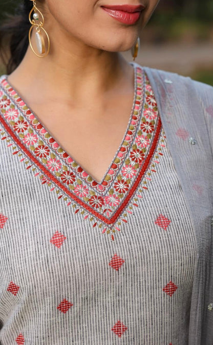 Grey & Red Embroidered Salwar Suit