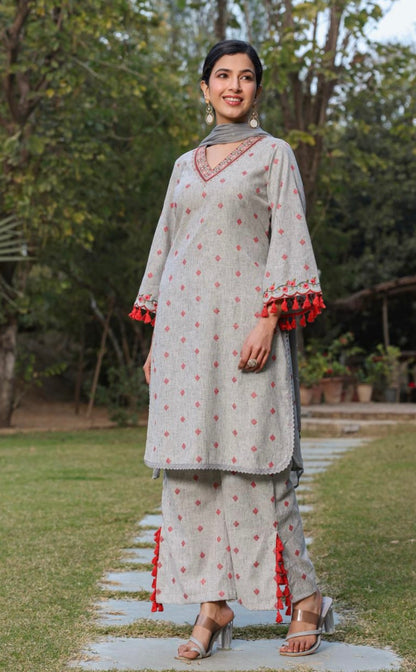 Grey & Red Embroidered Salwar Suit