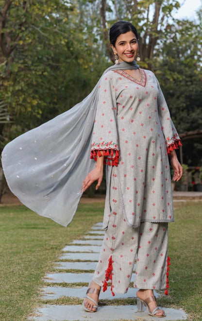 Grey & Red Embroidered Salwar Suit
