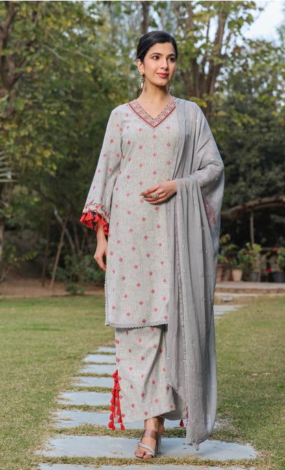 Grey & Red Embroidered Salwar Suit