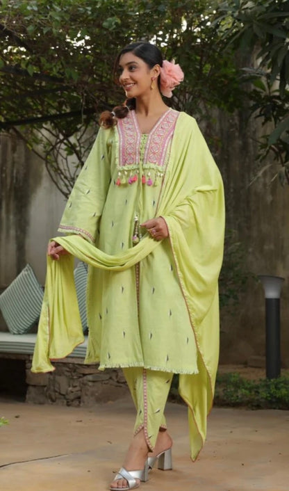 Pista Green Embroidered Cotton Salwar Suit