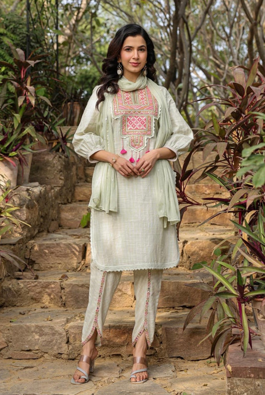 Pista Green Embroidered Cotton Salwar Suit