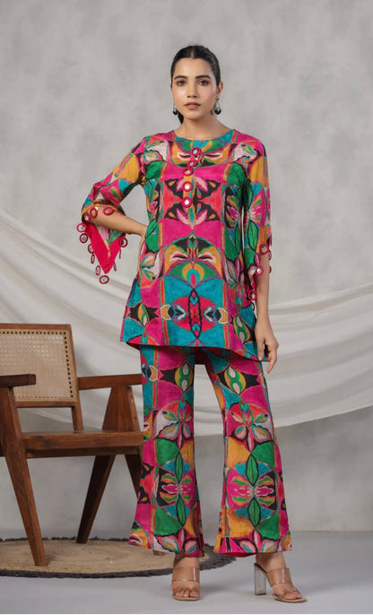 Multicoloured Coord Set With Coin Tassels In Muslin