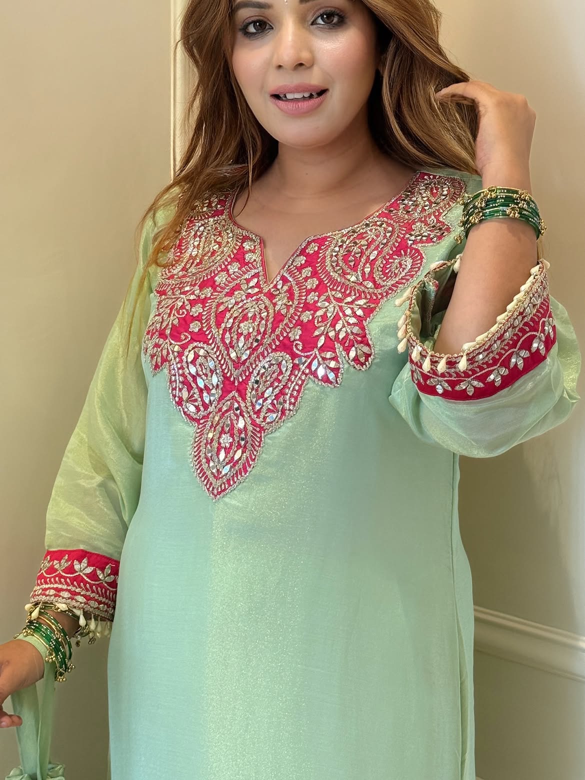 Designer Partywear Organza Shimmer Tissue Pakistani Zari and Mirror work Phiran Kaftan Long Dress with Pants