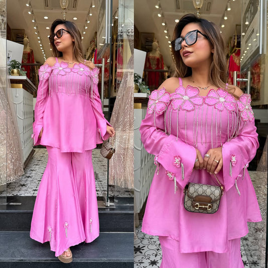 Designer Pure Mul Chanderi Applique and Pearl Work Peplum Top With Flared Sharara Bell Bottoms