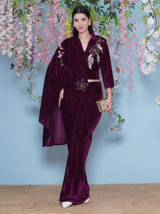 Designer Partywear Velvet Dhoti Skirt With Attached Drape