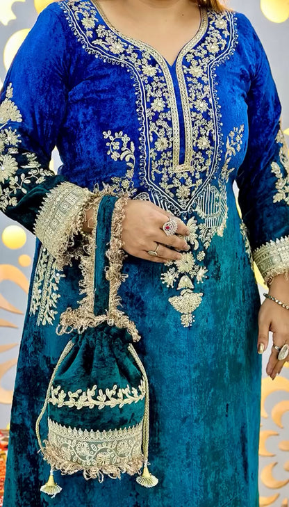 Designer Partywear Premium Dual Shade Velvet Kurta and Pant Set with Dupatta