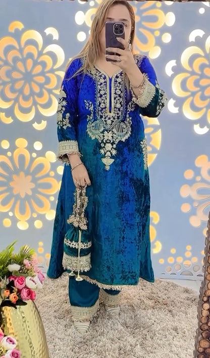 Designer Partywear Premium Dual Shade Velvet Kurta and Pant Set with Dupatta