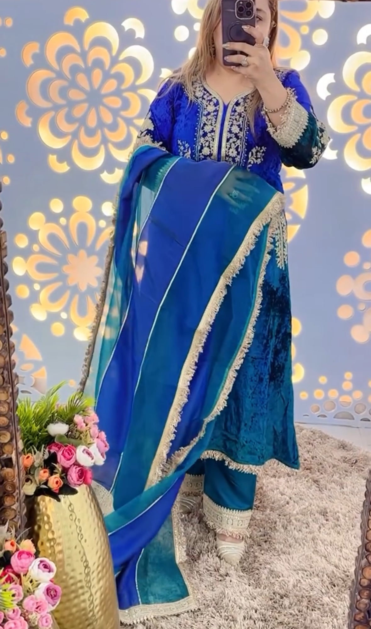 Designer Partywear Premium Dual Shade Velvet Kurta and Pant Set with Dupatta