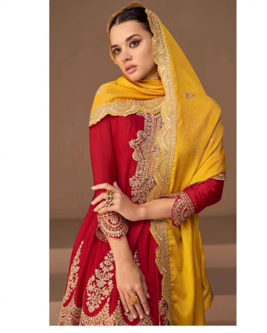 Red & Yellow Zari Embroidered Peplum Suit