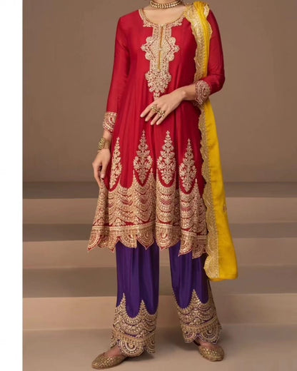 Red & Yellow Zari Embroidered Peplum Suit