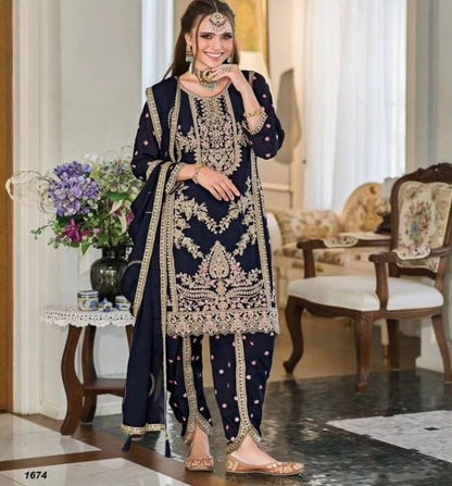 Dark Blue Dhoti Suit with Zari Embroidery