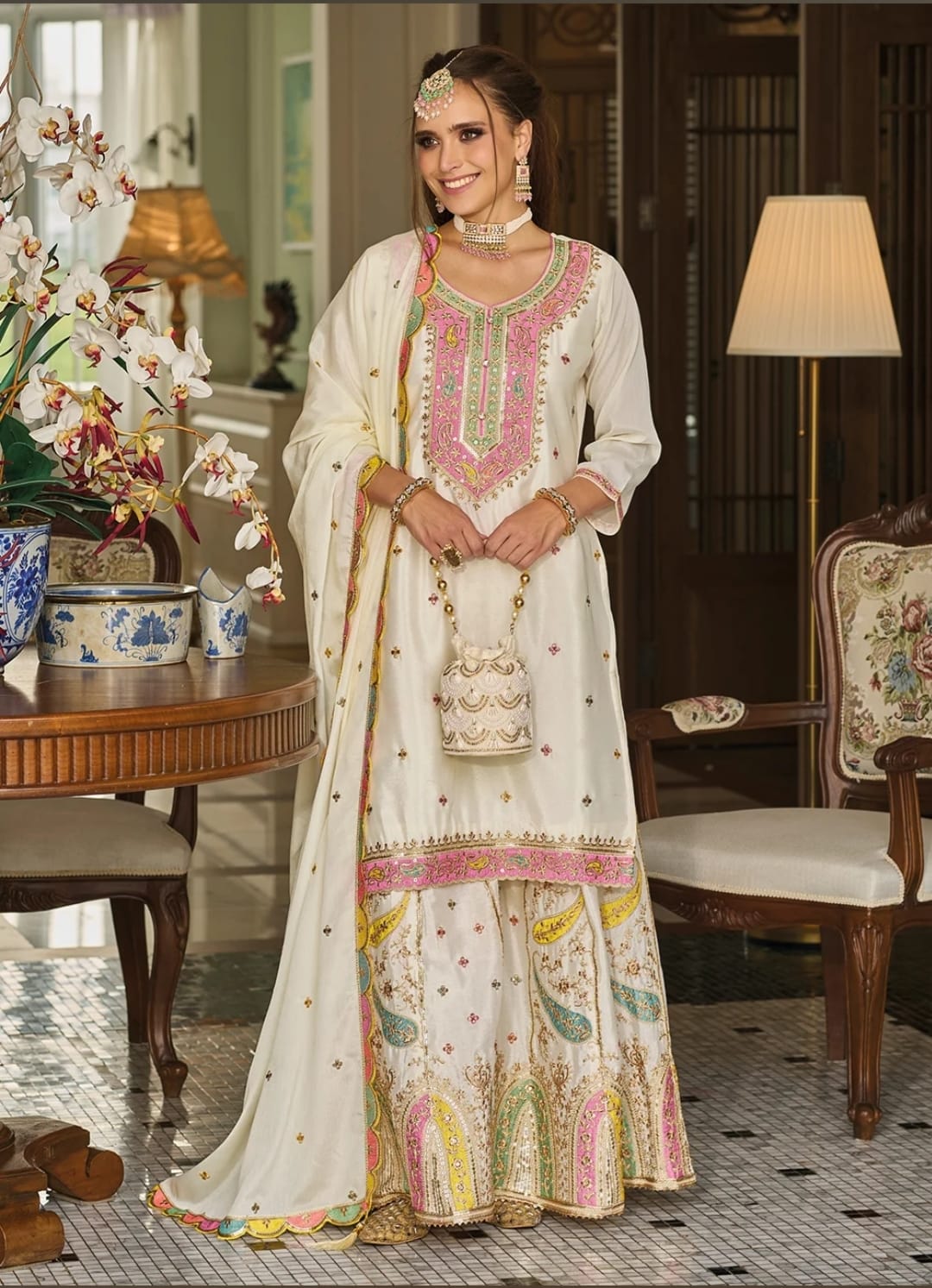 Off-white Zari Embroidered Kurta & Sharara Suit