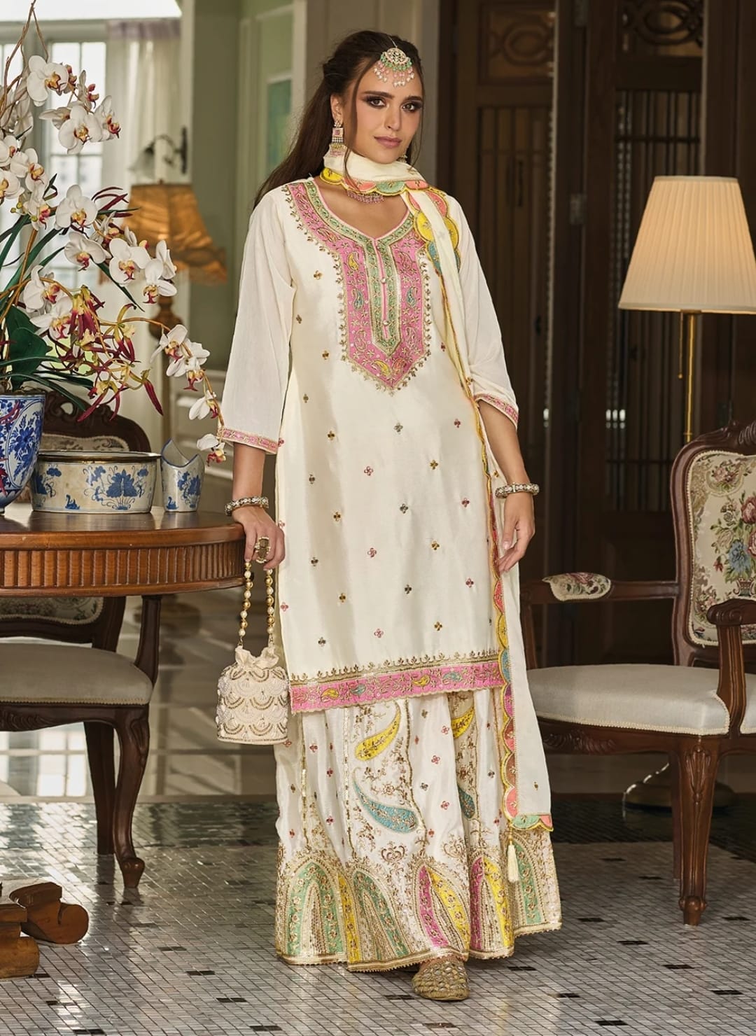 Off-white Zari Embroidered Kurta & Sharara Suit