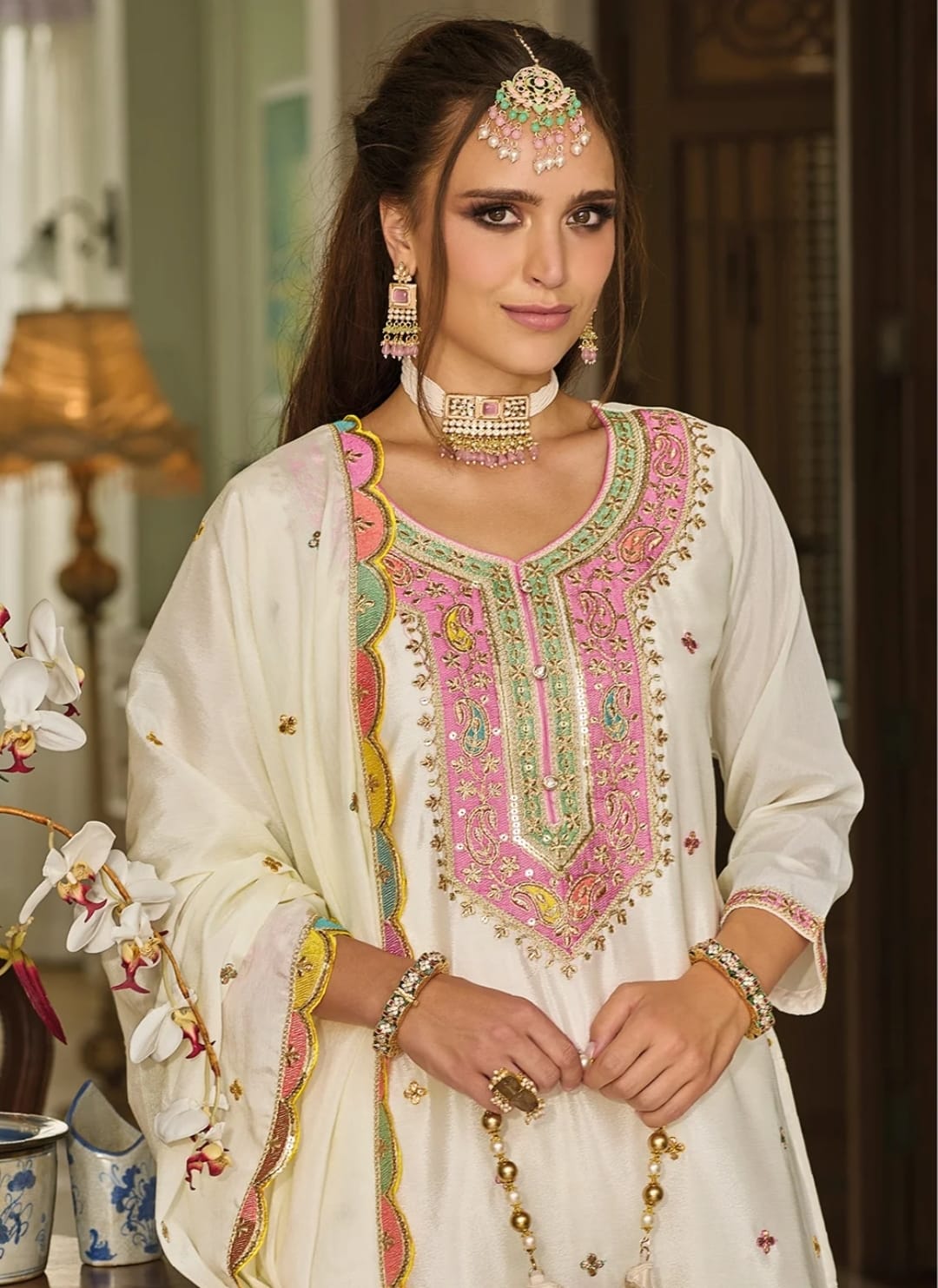 Off-white Zari Embroidered Kurta & Sharara Suit