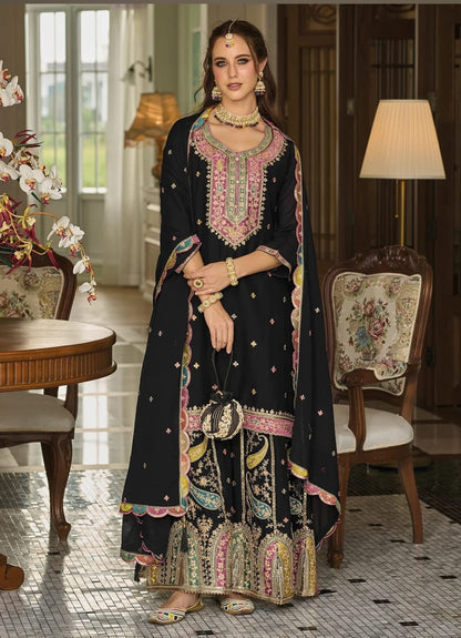 Black Heavy Zari Embroidered Kurta & Sharara Suit