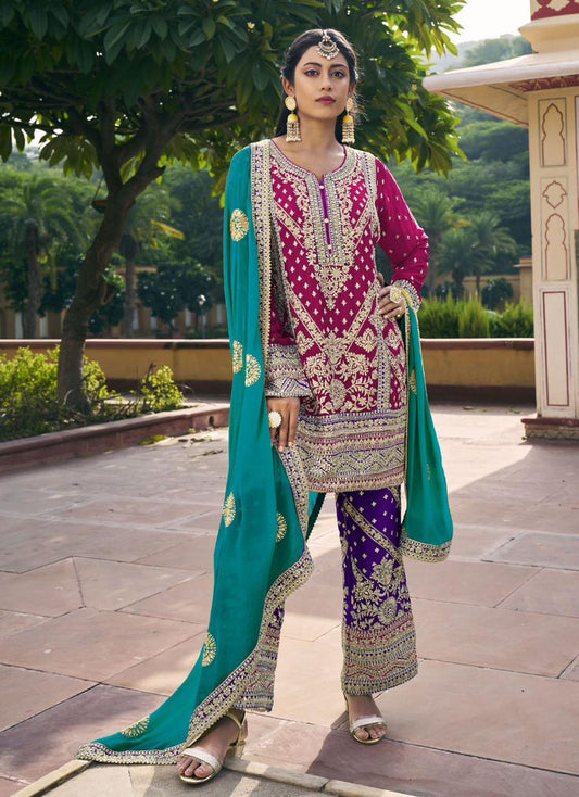 Magenta & Aqua Green Zari Embroidered Kurta Pant Set