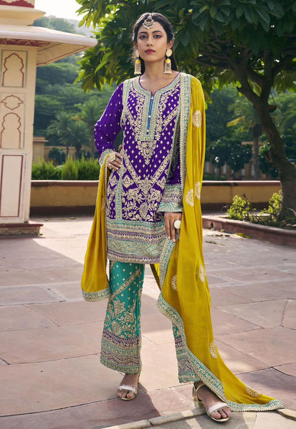 Purple & Green Zari Embroidered Kurta Pant Set