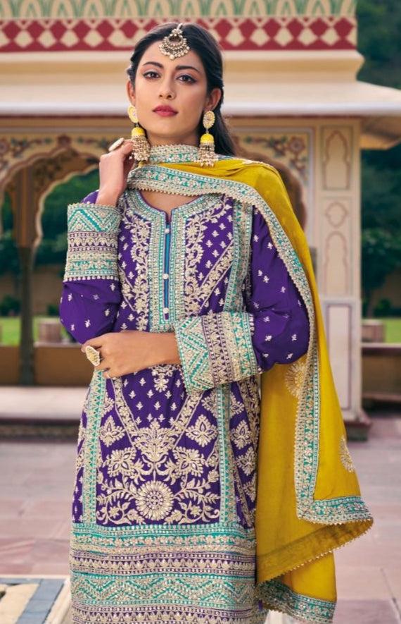 Purple & Green Zari Embroidered Kurta Pant Set