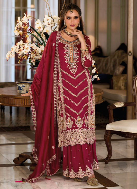 Maroon Mirror Work & Zari Embroidered Sharara Suit