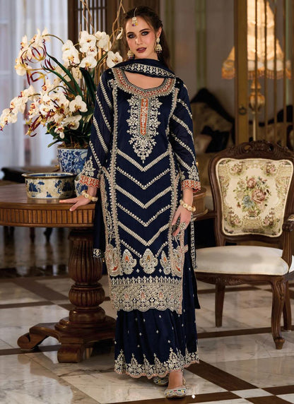 Navy Blue Zari & Mirrorwork Sharara Suit