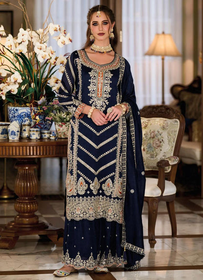 Navy Blue Zari & Mirrorwork Sharara Suit