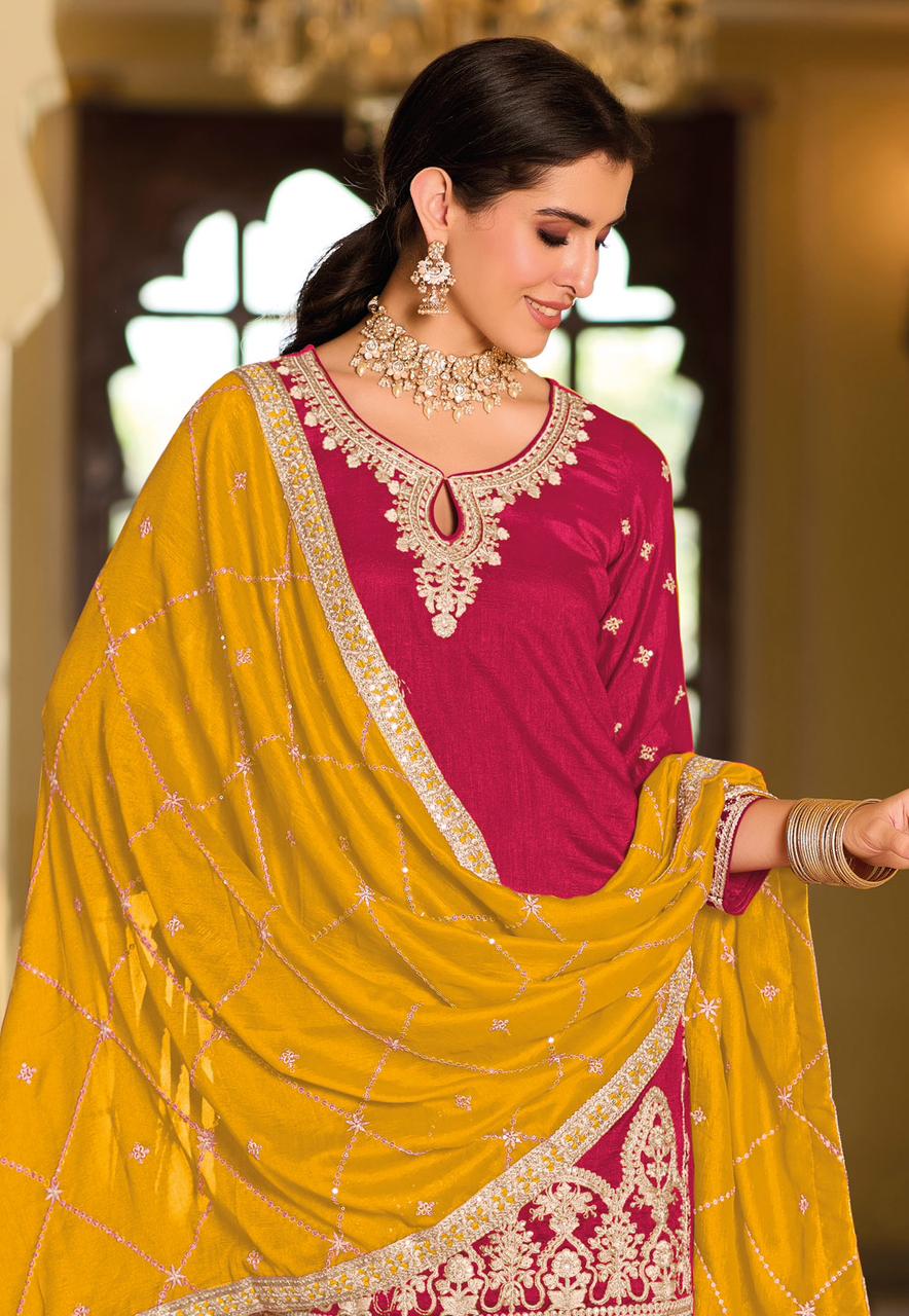 Yellow & Magenta Zari Embroidered Punjabi Suit With Tulip Pants
