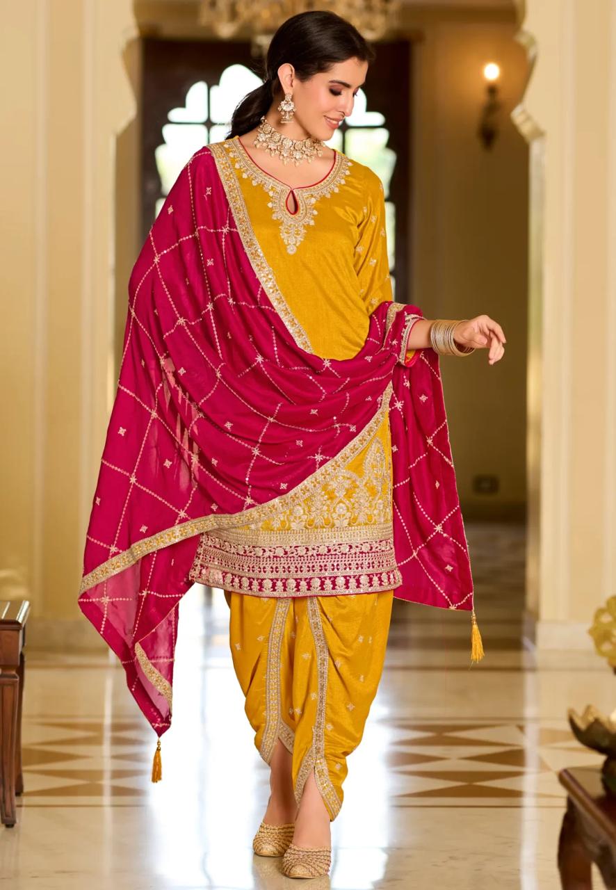 Yellow & Magenta Zari Embroidered Punjabi Suit With Tulip Pants