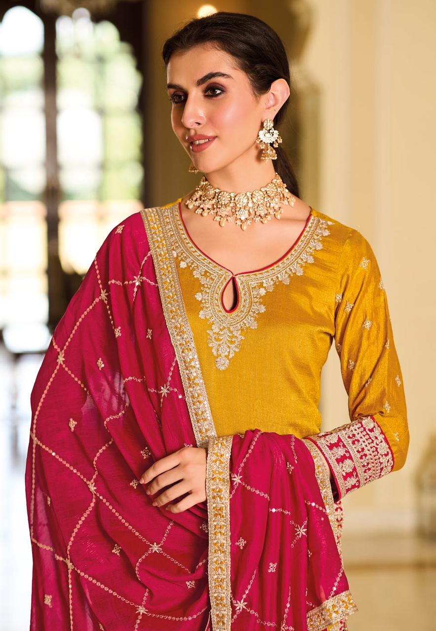 Yellow & Magenta Zari Embroidered Punjabi Suit With Tulip Pants Global Creations Yellow & Magenta Zari Embroidered Punjabi Suit With Tulip Pants Global Creations