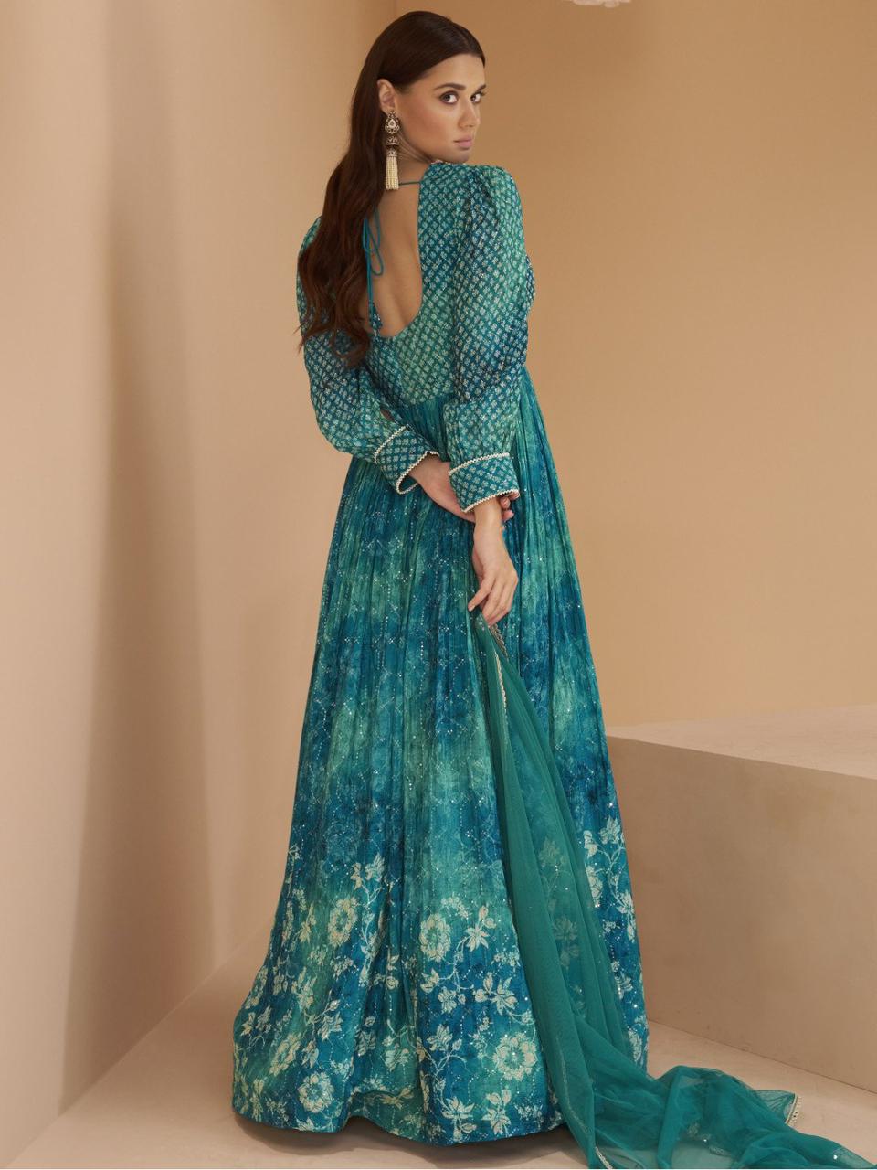 Partywear Blue Designer Faux Georgette Zari & Pearl Work Gown