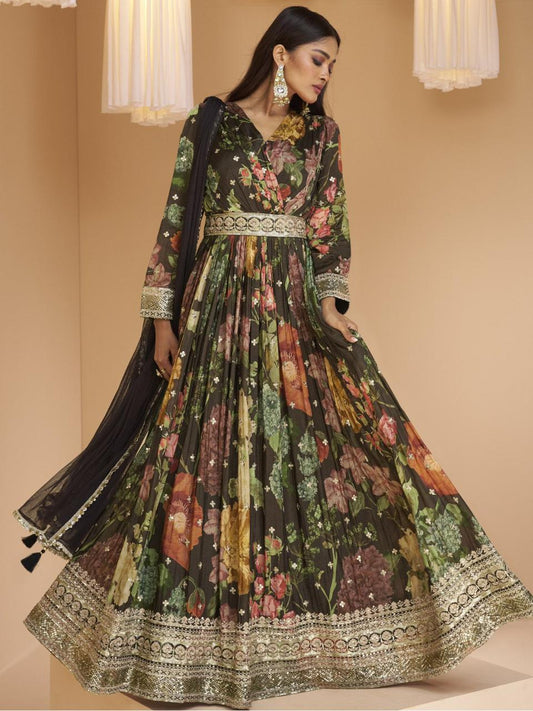 Brown & Black Faux Georgette Gown With Embroidery & Waist Belt