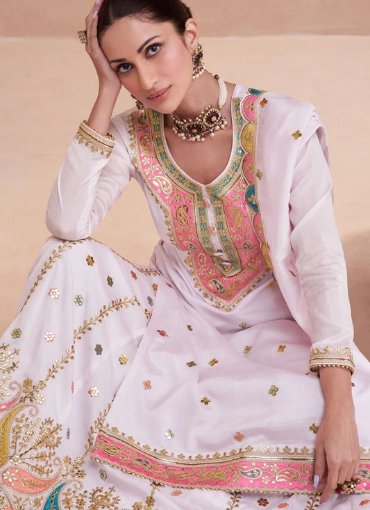 Partywear Designer Baby Pink Zari Embroidered Silk Blend Laacha