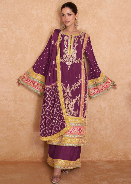 Wine Palazzo Suit with Zari Embroidery