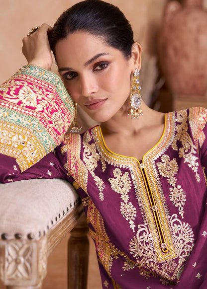 Wine Palazzo Suit with Zari Embroidery