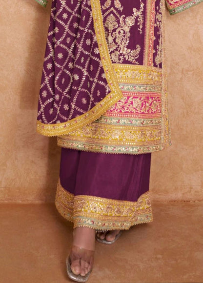 Wine Palazzo Suit with Zari Embroidery