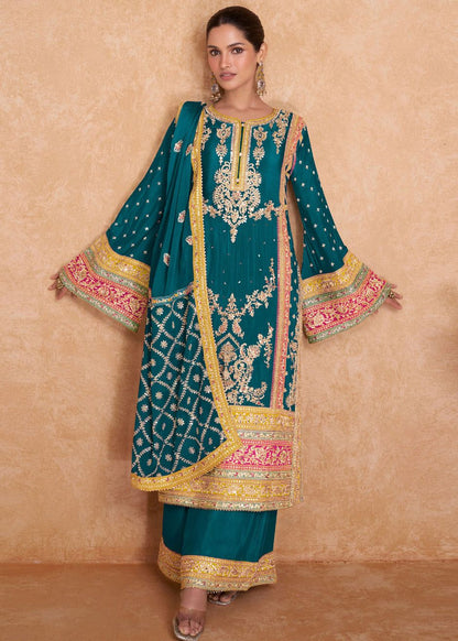 Teal Palazzo Suit with Zari Embroidery Work