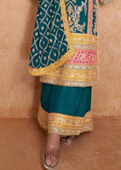 Teal Palazzo Suit with Zari Embroidery Work