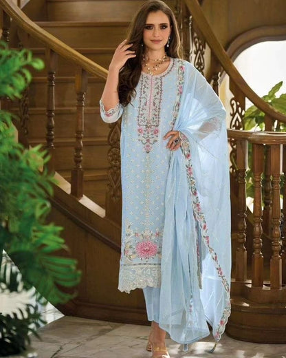 Sky Blue Organza Pakistani Suit with Embroidery
