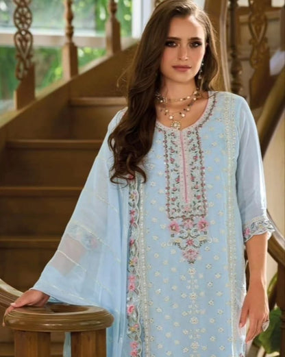 Sky Blue Organza Pakistani Suit with Embroidery