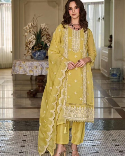 Mustard Yellow Organza Pakistani Suit with Embroidery Work