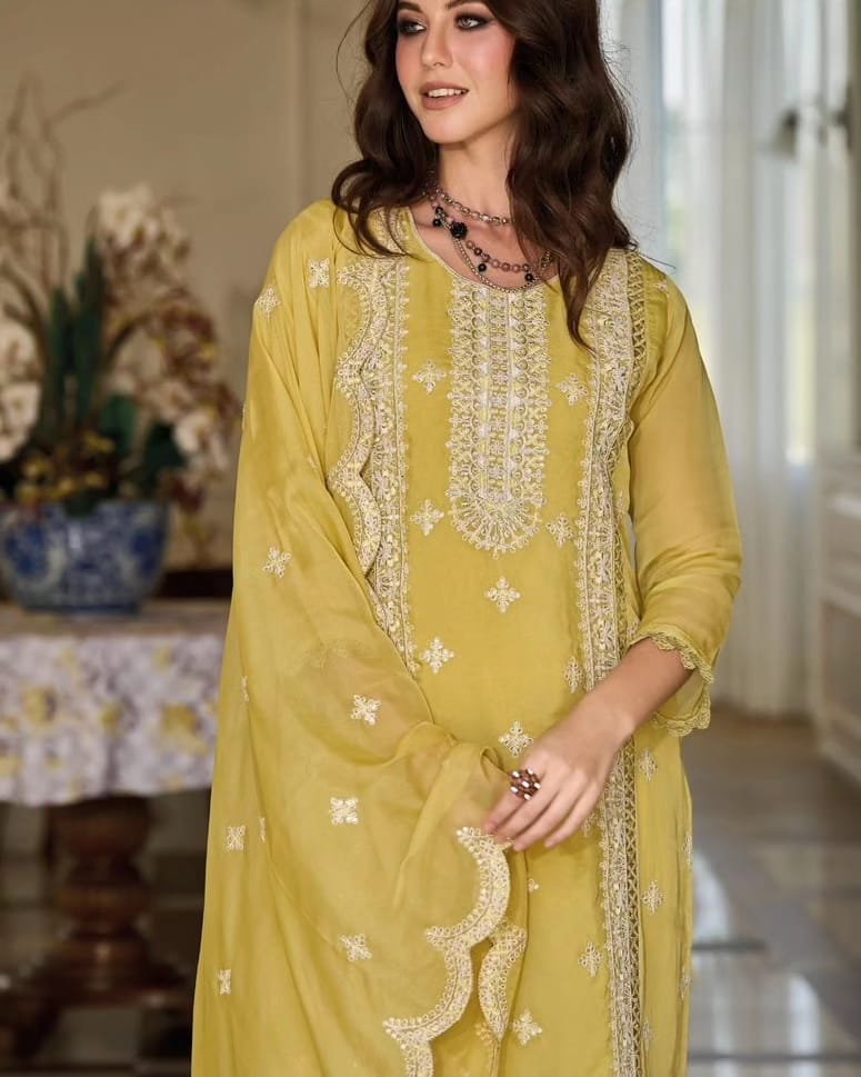 Mustard Yellow Organza Pakistani Suit with Embroidery Work