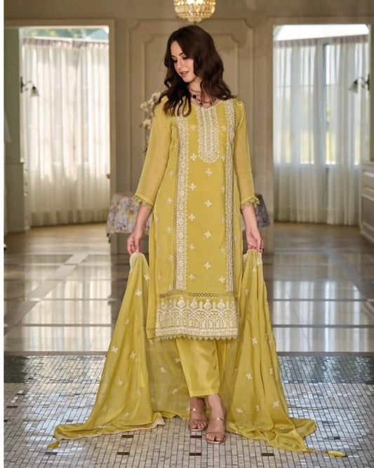 Mustard Yellow Organza Pakistani Suit with Embroidery Work