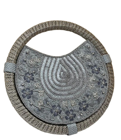 Women's Silver embroidered whirl round partywear clutch bag