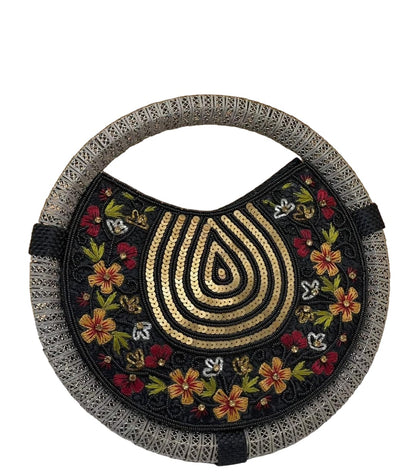 Women's Black & Gold embroidered whirl round partywear clutch bag