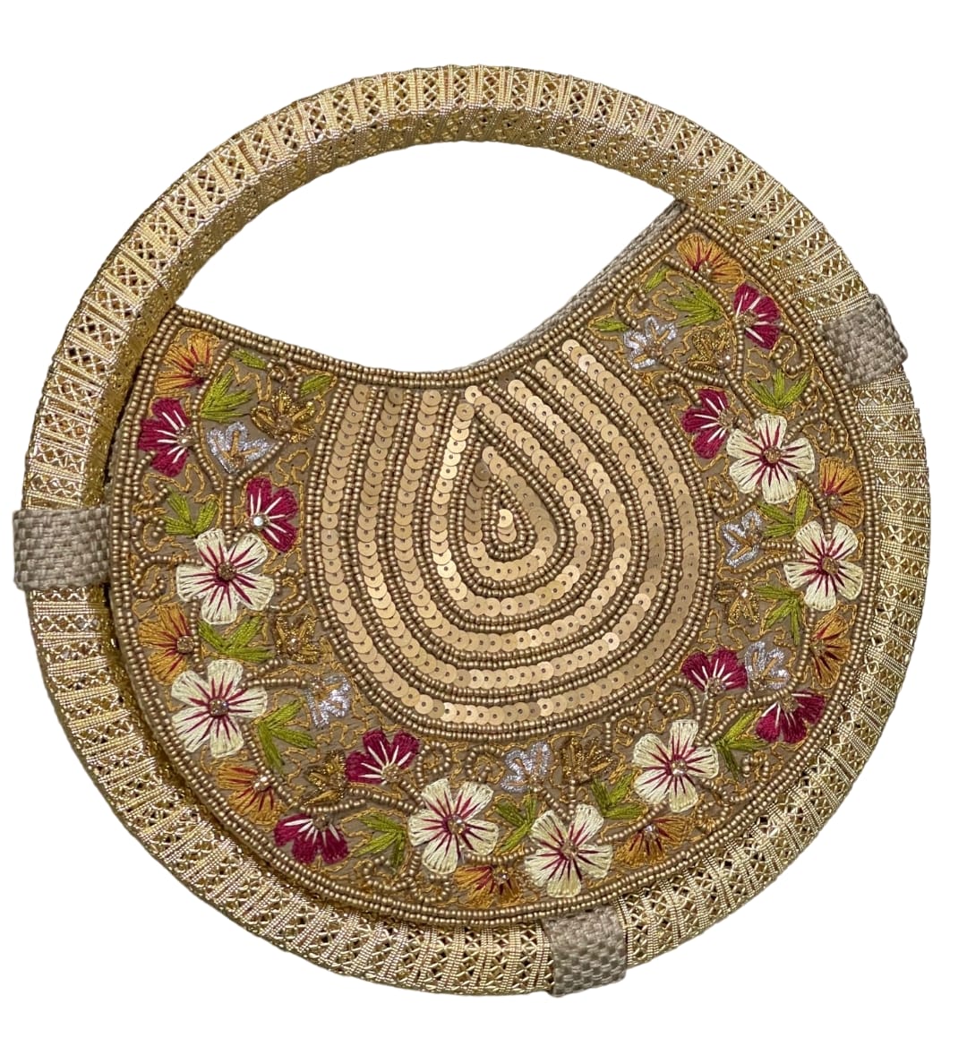 Women's Dull Gold embroidered whirl round partywear clutch bag