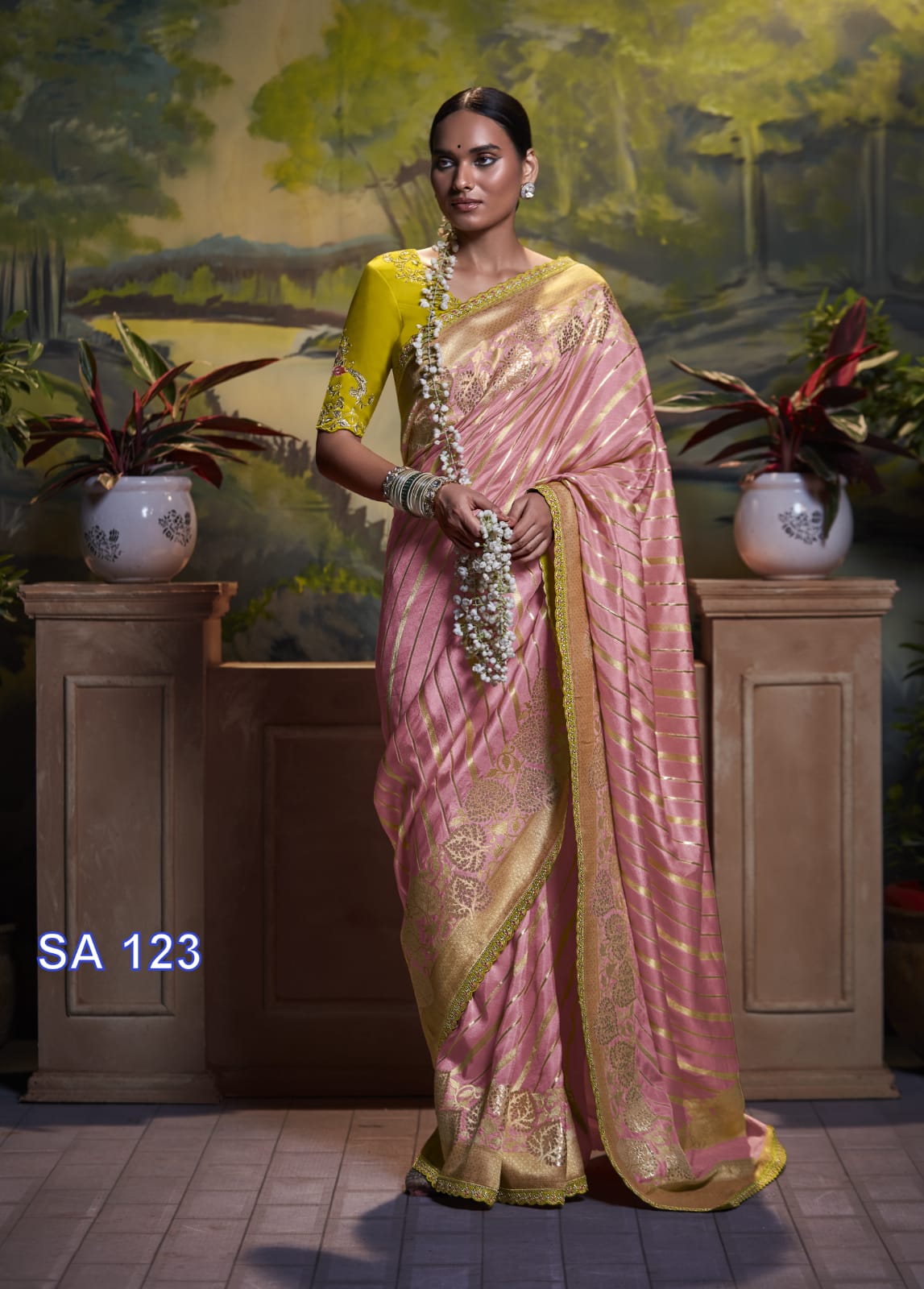 Rose Gold Embroidered Border Festive Saree In Art Silk