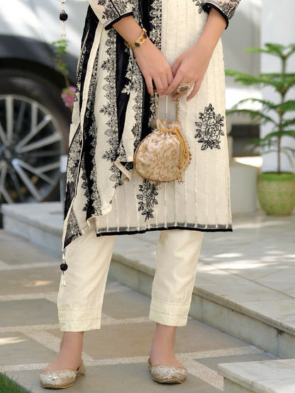 White & Black Organza Sequins Work Pakistani Suit